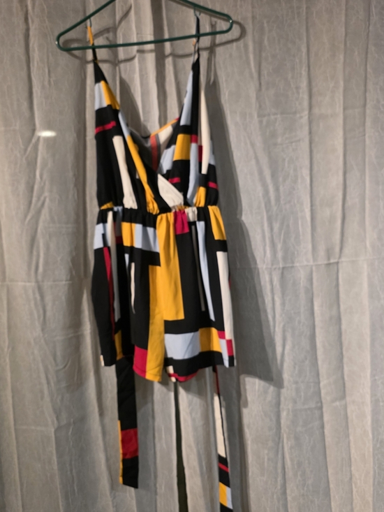 SHEIN Pants - SHEIN Geometric V-Neck Sleeveless Romper in Black, Yellow & Red Colorblock Belt